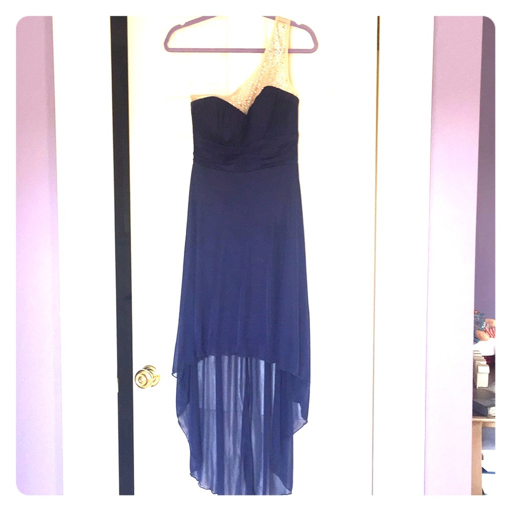 Navy blue illusion one sleeve dress